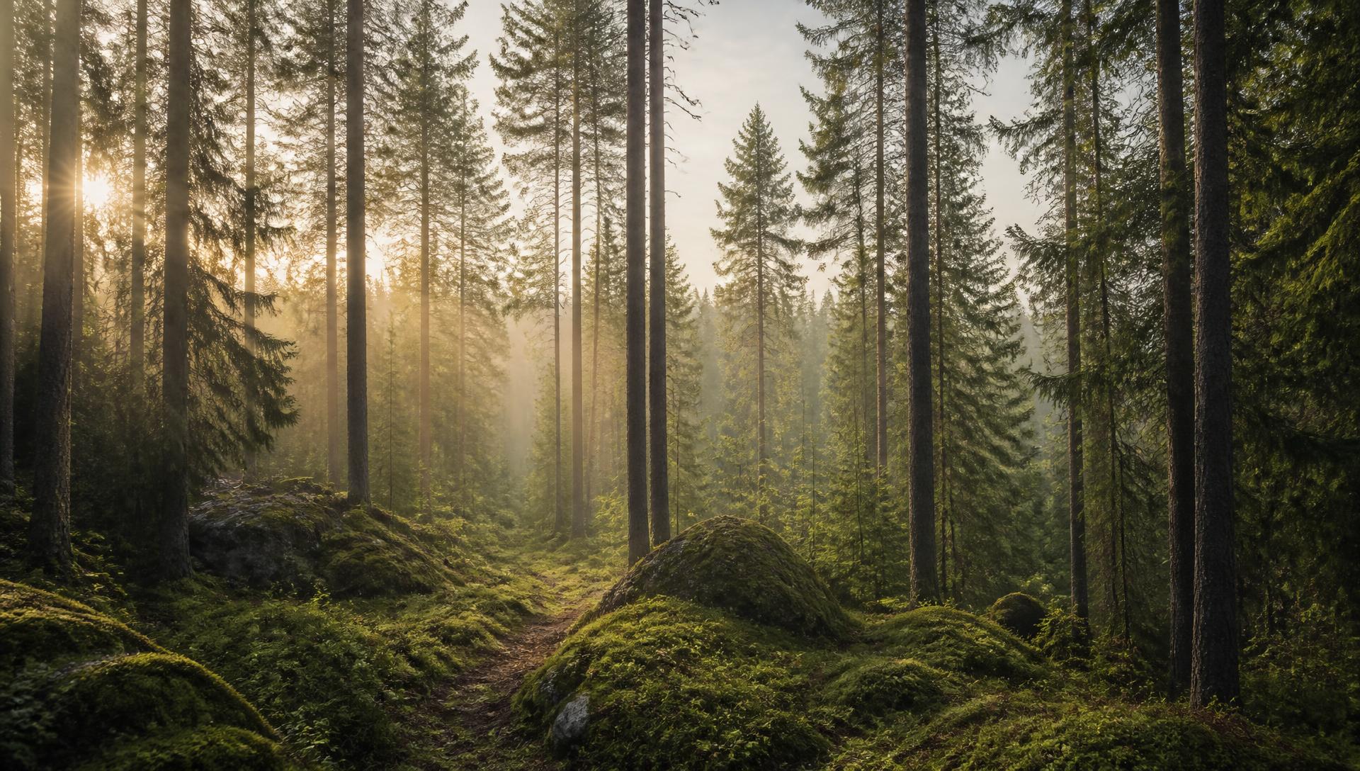 Solupplyst skog med höga tallar och barrträd